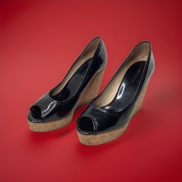 Jimmy Choo Black Patent Cork Wedge Peep Toe Heels Shoes 38.5 EU / US 8.5 - Picture 2 of 8